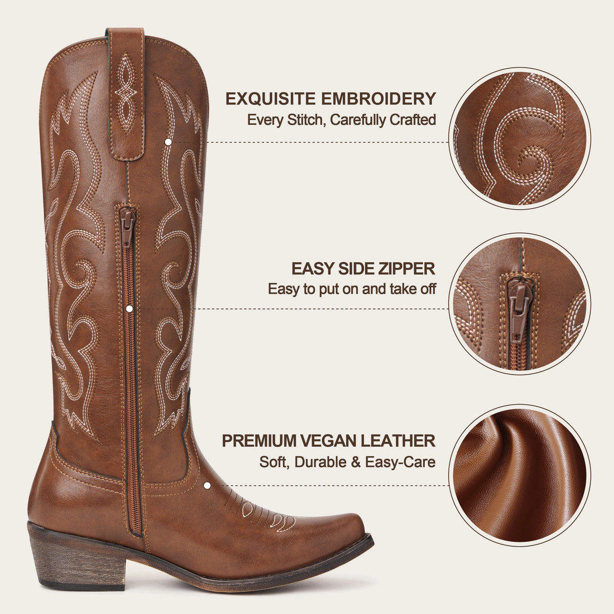 The Cheyenne - Brown Vintage Scroll Embroidered Snip Toe Cowgirl Boots with Side Zipper