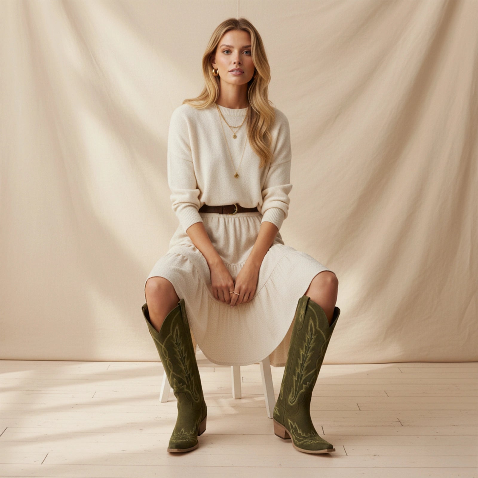 The Rosemary - Olive Suede Classic Tall Cowgirl Boots with Embroidery