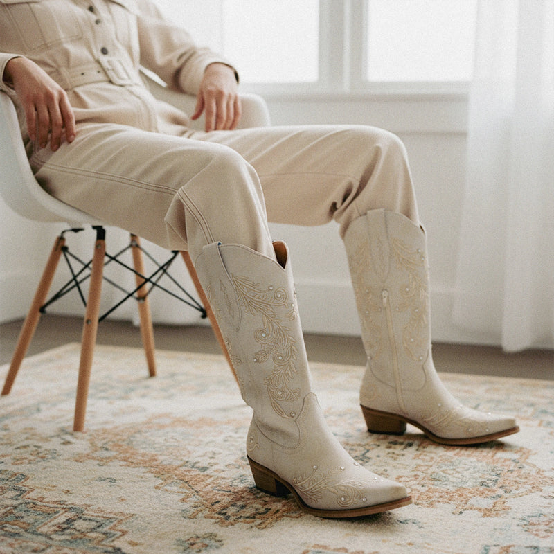 The Everly – Ivory Cowgirl Boots with Vine Embroidery and Crystal Accents