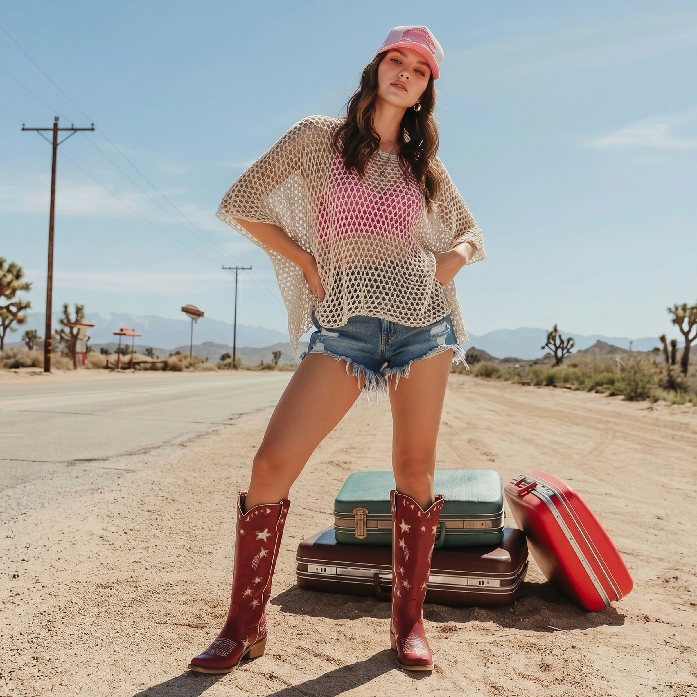 REDTOP Red Snip Toe Starry with Moon Cutout Tall Cowgirl Boots