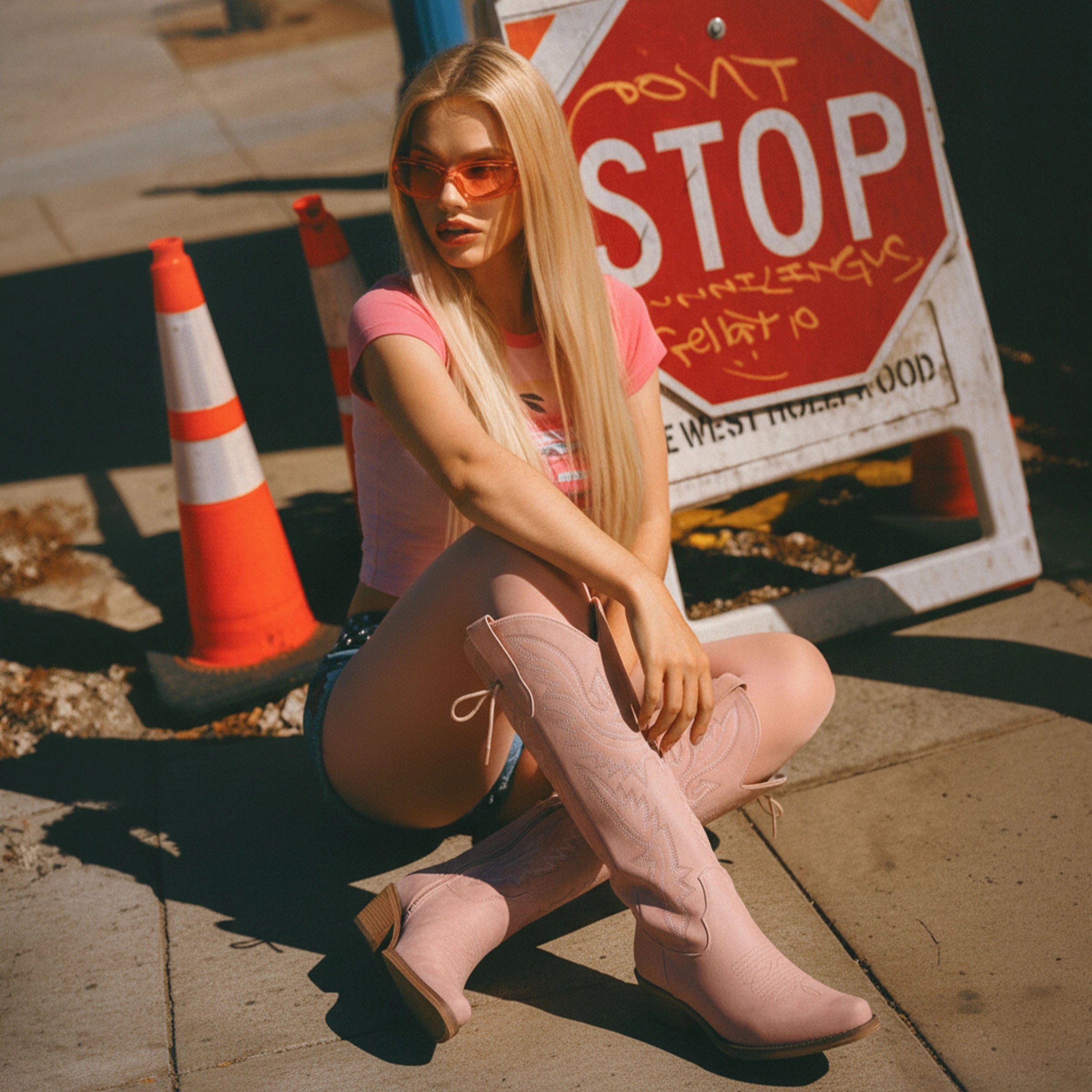 The Withersteen - Blush Pink Adjustable Wide Calf Snip Toe Tall Western Cowgirl Boots