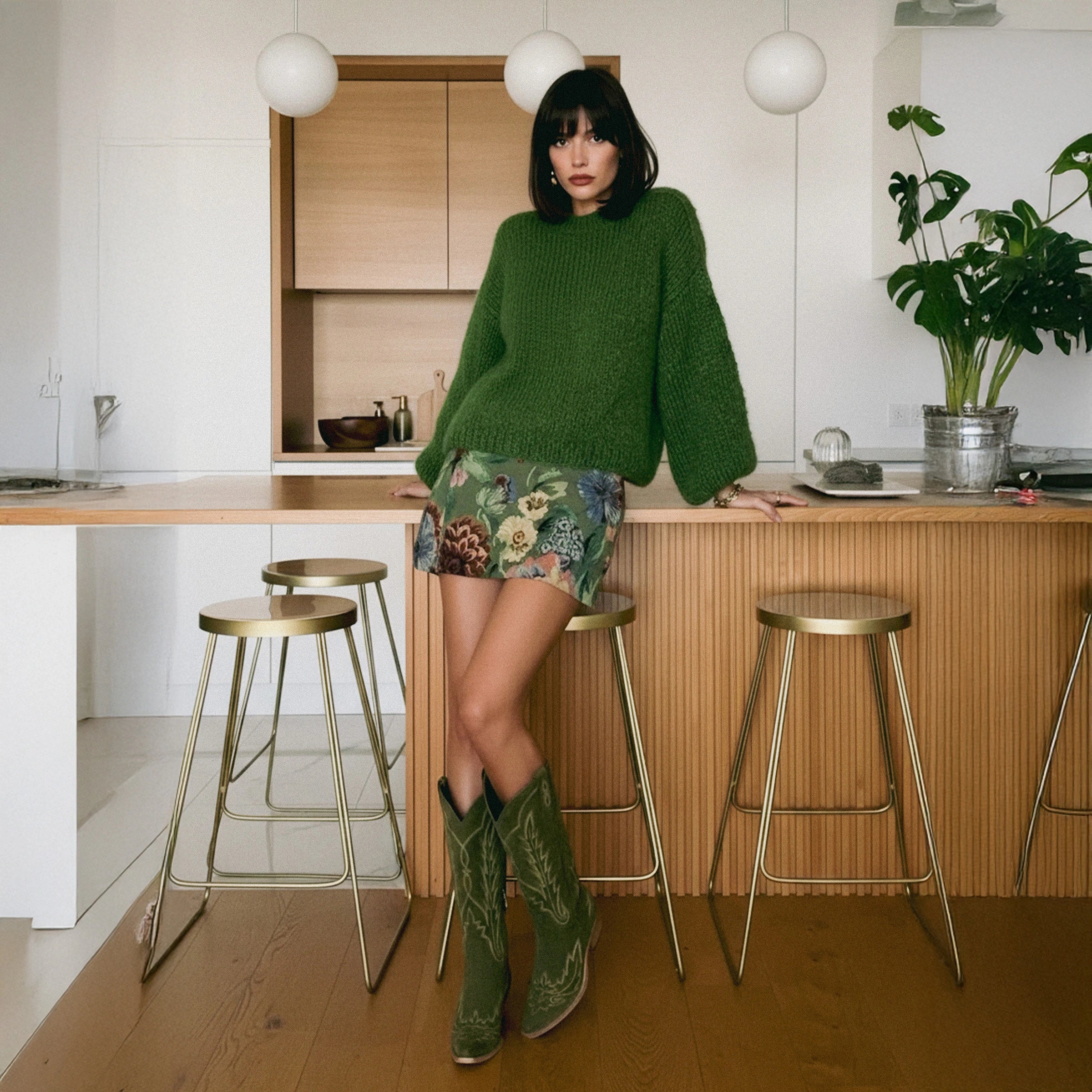 The Rosemary - Olive Faux Suede Classic Tall Cowgirl Boots with Embroidery