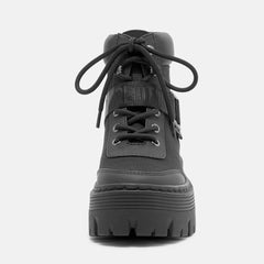 Women's Black Platform Chunky Heel Buckle Combat Canvas Ankle Boots