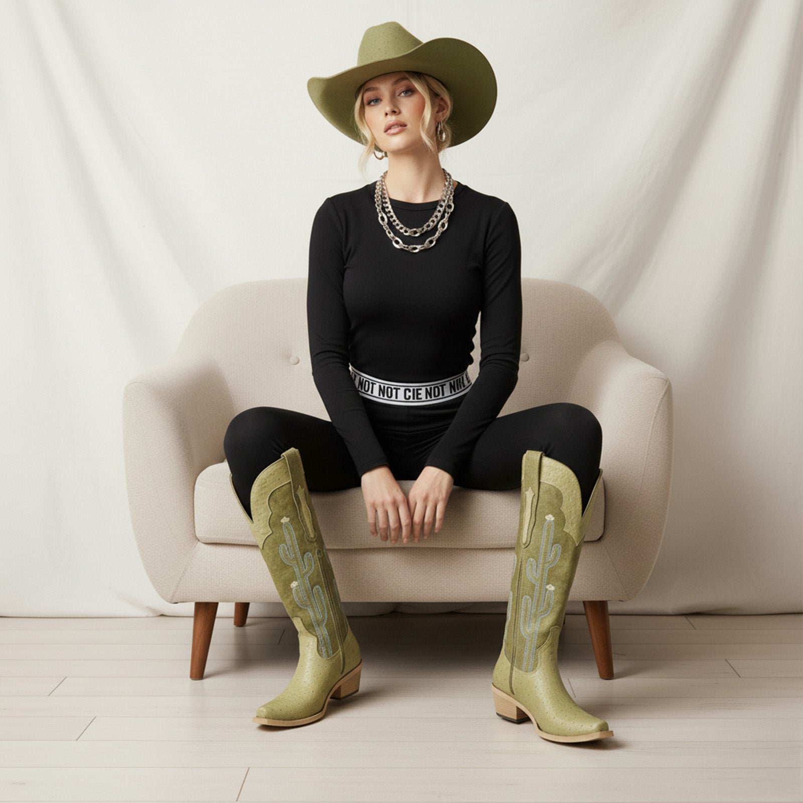 The Saguaro: Two-Tone Green Boots with Cactus Embroidery & Faux Ostrich