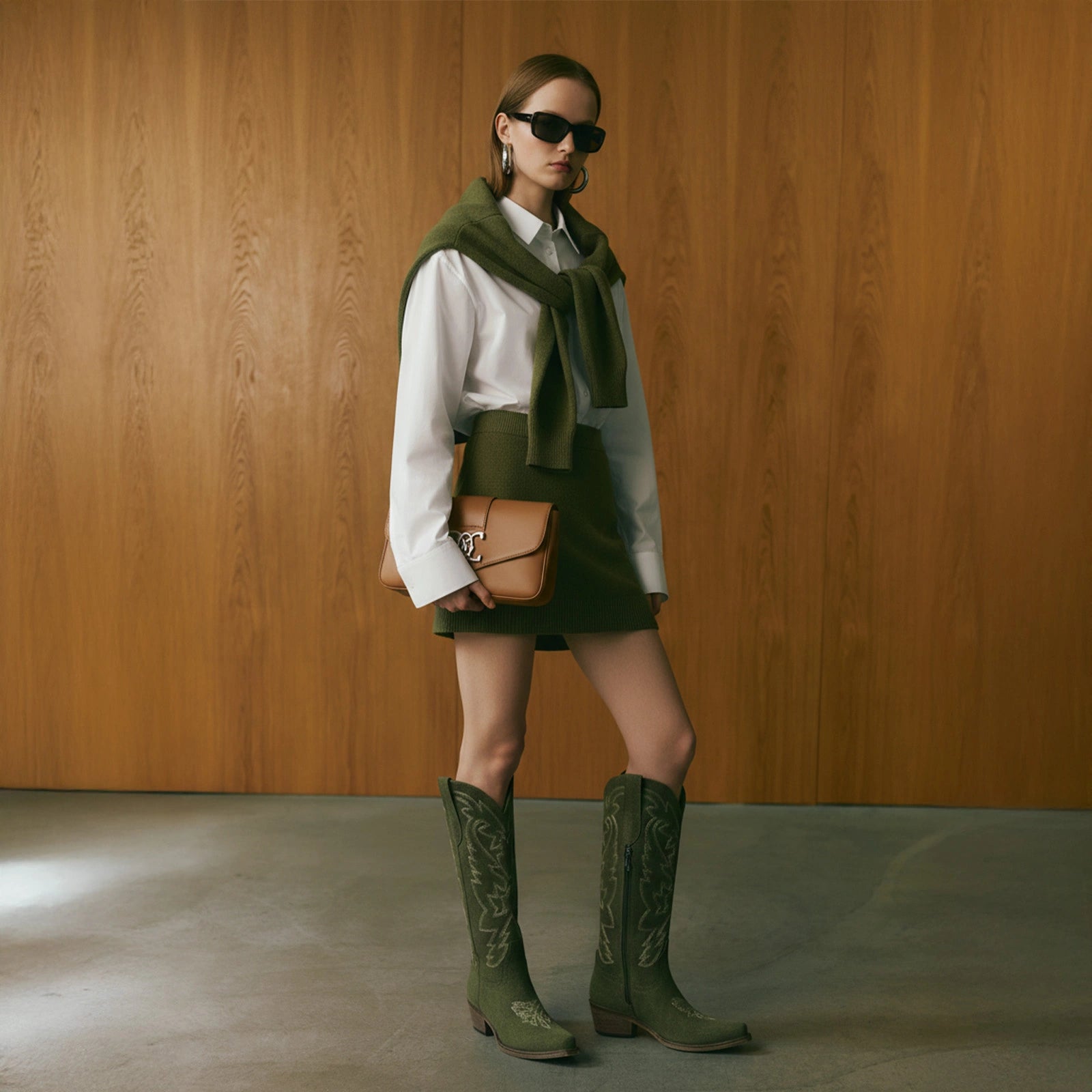 The Molly Wood – Olive Suede Snip Toe Embroidered Cute Comfortable Tall Cowgirl Boots