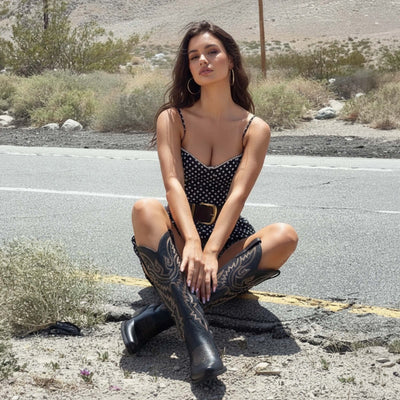 The Withersteen - Black Adjustable Wide Calf Snip Toe Tall Western Cowgirl Boots