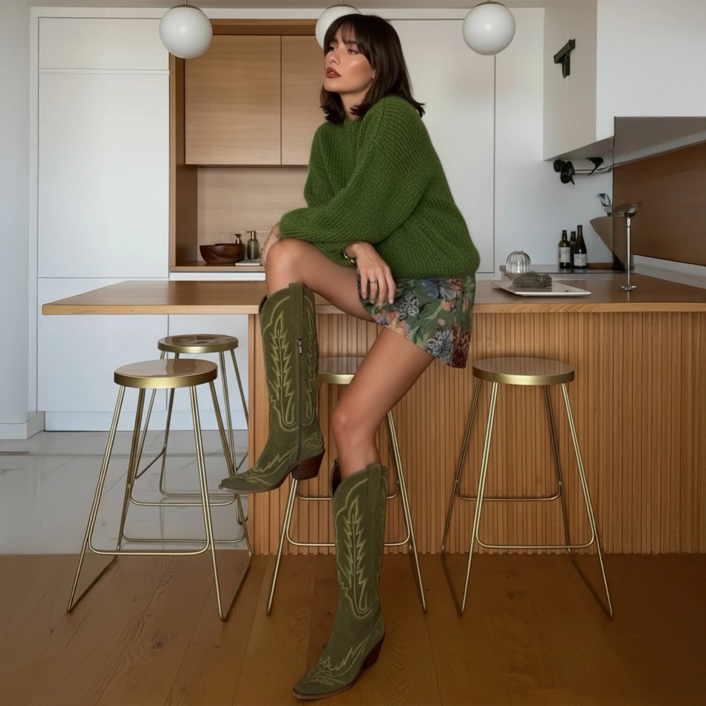 The Rosemary - Olive Faux Suede Classic Tall Cowgirl Boots with Embroidery