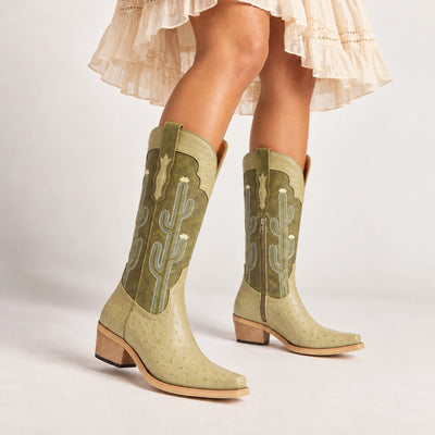 The Saguaro - Sage Green Ostrich-Inspired Soft Snip Toe Cowgirl Boots with Side Zipper
