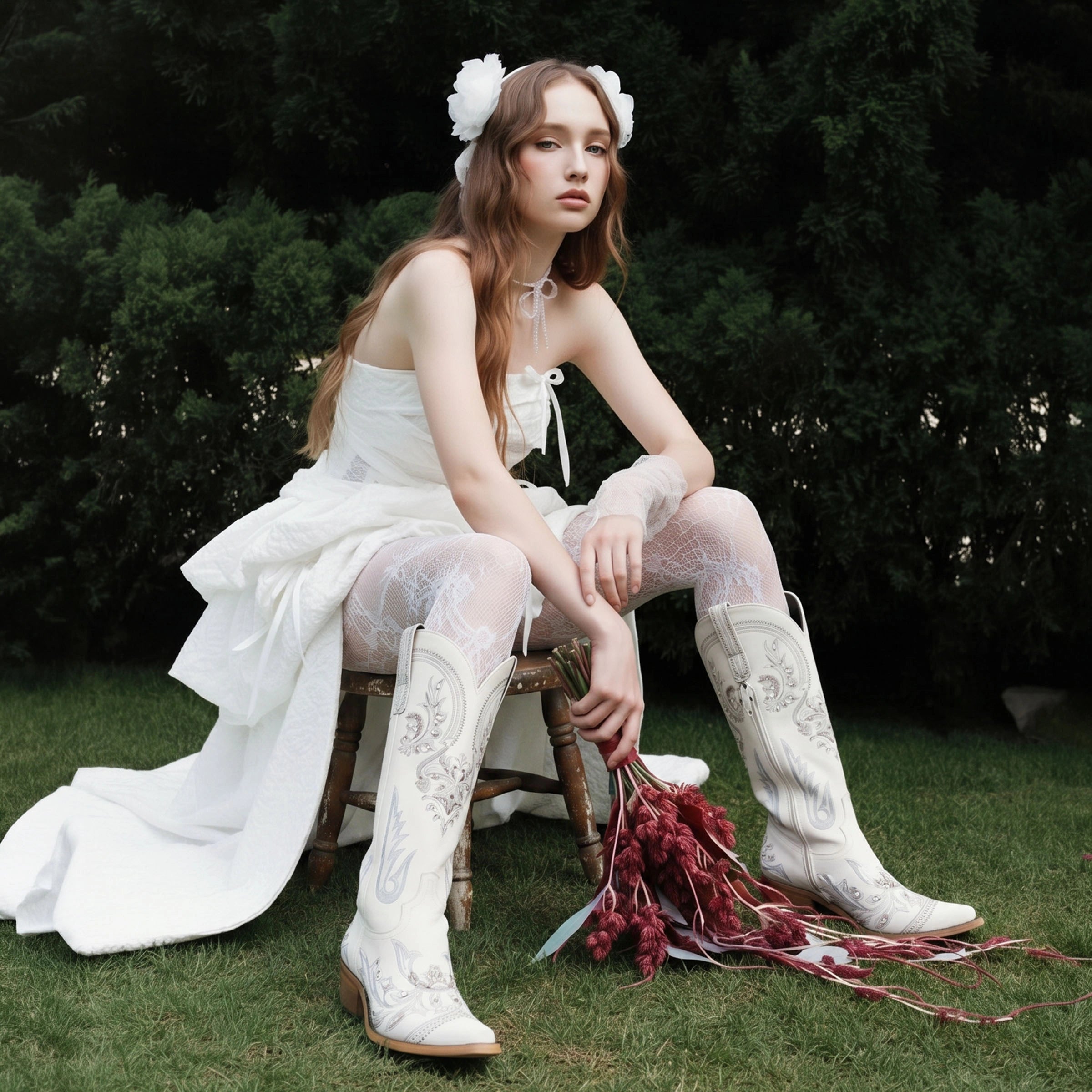 The Aurelia - Ivory Pearl Women's Cowgirl Boots with Snip Toe & Floral Embroidery