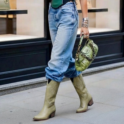 The Elizabeth - Sage Green Bonded Leather Classic Snip Toe Cowgirl Boots