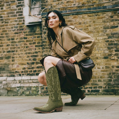 The Molly Wood - Olive Embroidered Tall Western Cowgirl Boots with Side Zipper