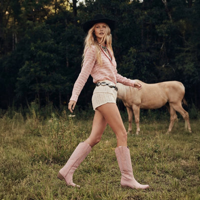 The Laurey - Blush Pink Embroidered Snip Toe Cowgirl Boots with Side Zipper