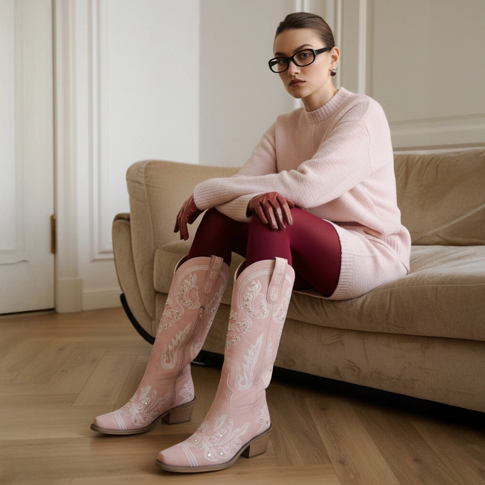 The Aurelia - Rose Pink Women's Cowboy Boots with Snip Toe & Floral Embroidery