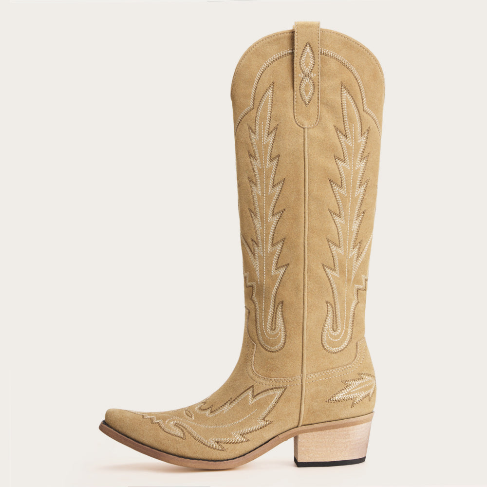 The Rosemary - Beige Suede Classic Tall Cowgirl Boots with Embroidery