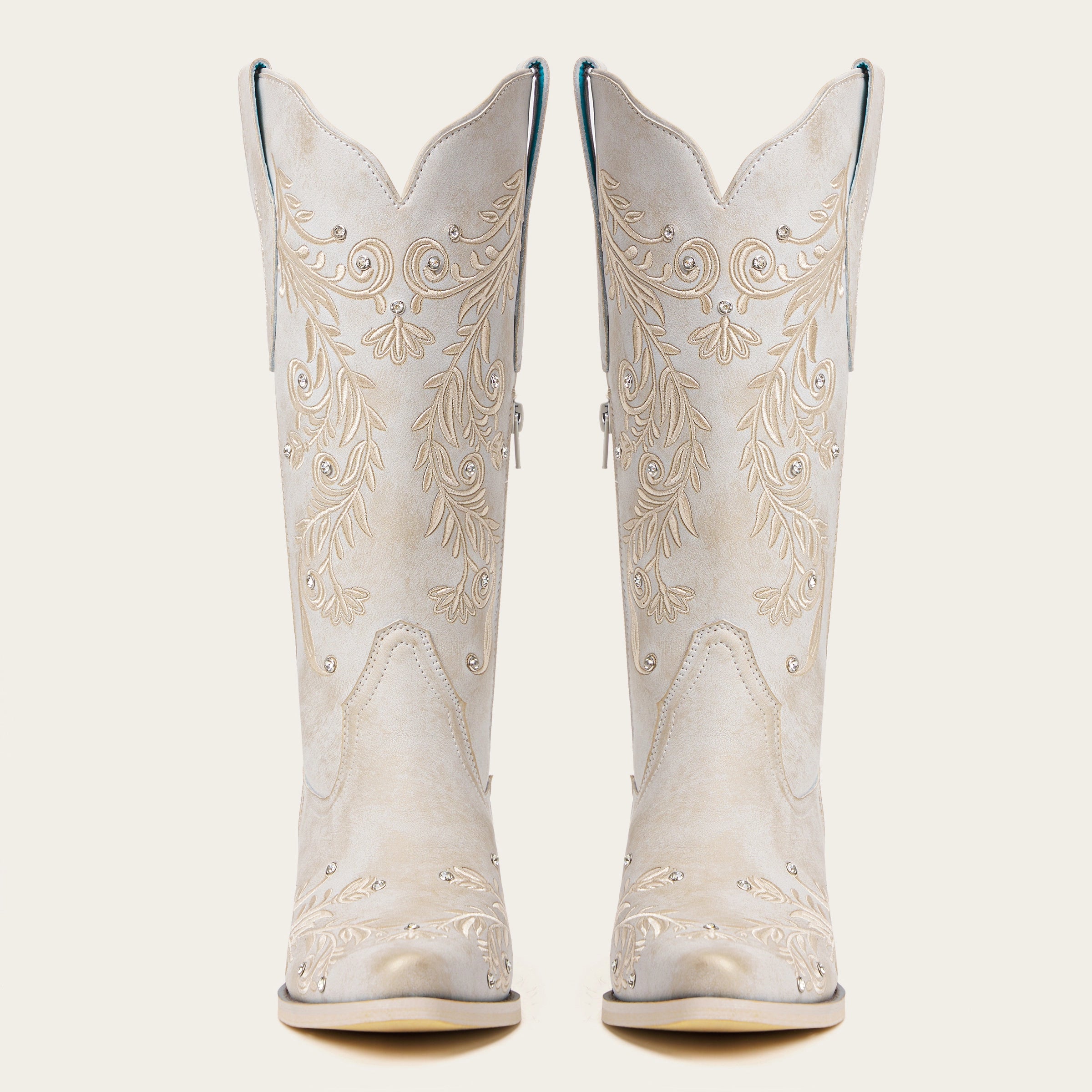 The Everly - Ivory Floral Vine Embroidered Snip Toe Cowgirl Boots with Side Zipper