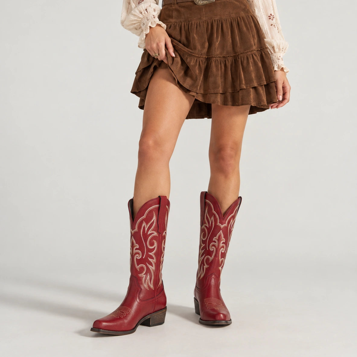 The Loretta - Red Flame Embroidered Cowgirl Boots with Side Zipper