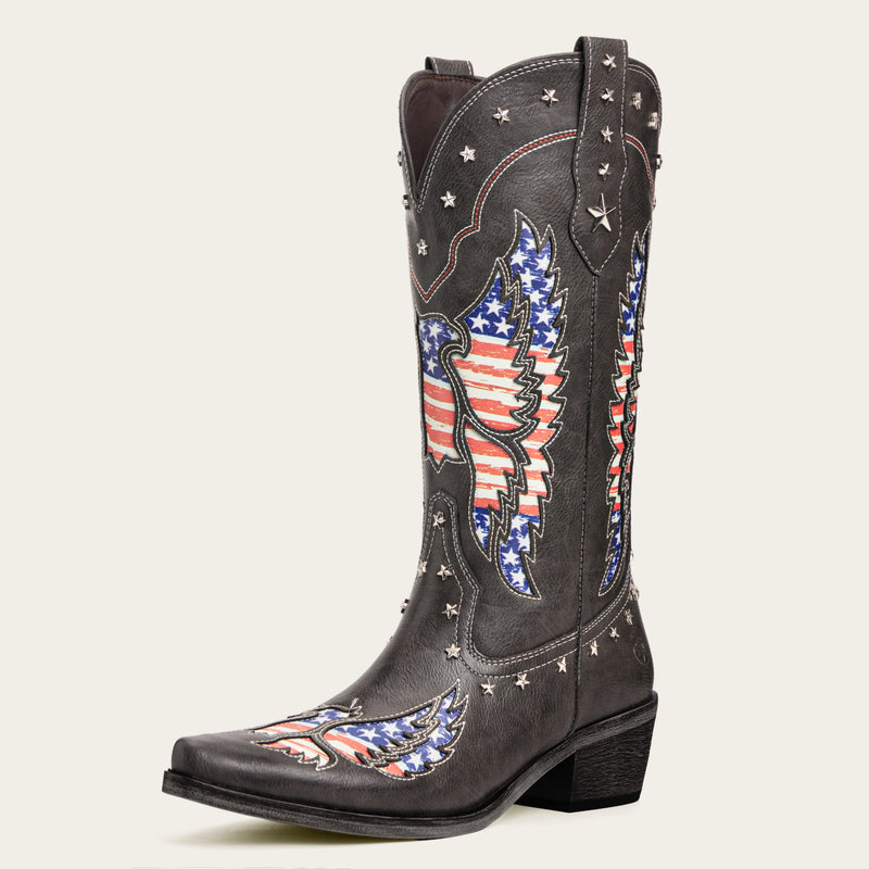 The Liberty - Charcoal American Flag Cutout Studded Snip Toe Cowgirl Boots with Side Zipper