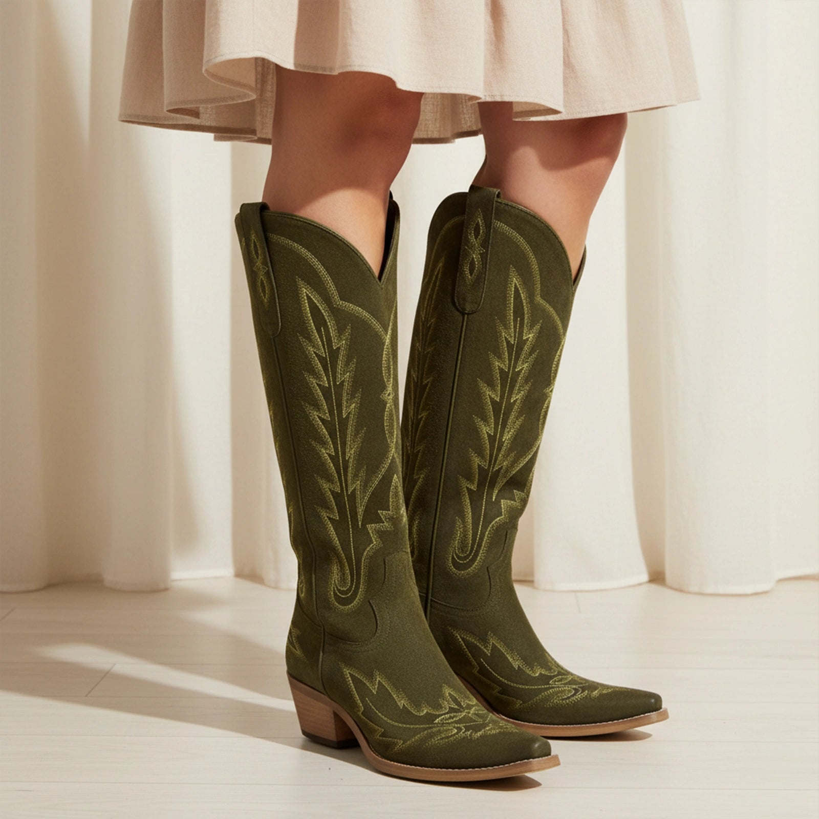 The Rosemary - Olive Suede Classic Tall Cowgirl Boots with Embroidery