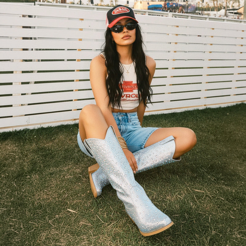 The Stardust – Crystal-Covered Silver Tall Cowgirl Boots