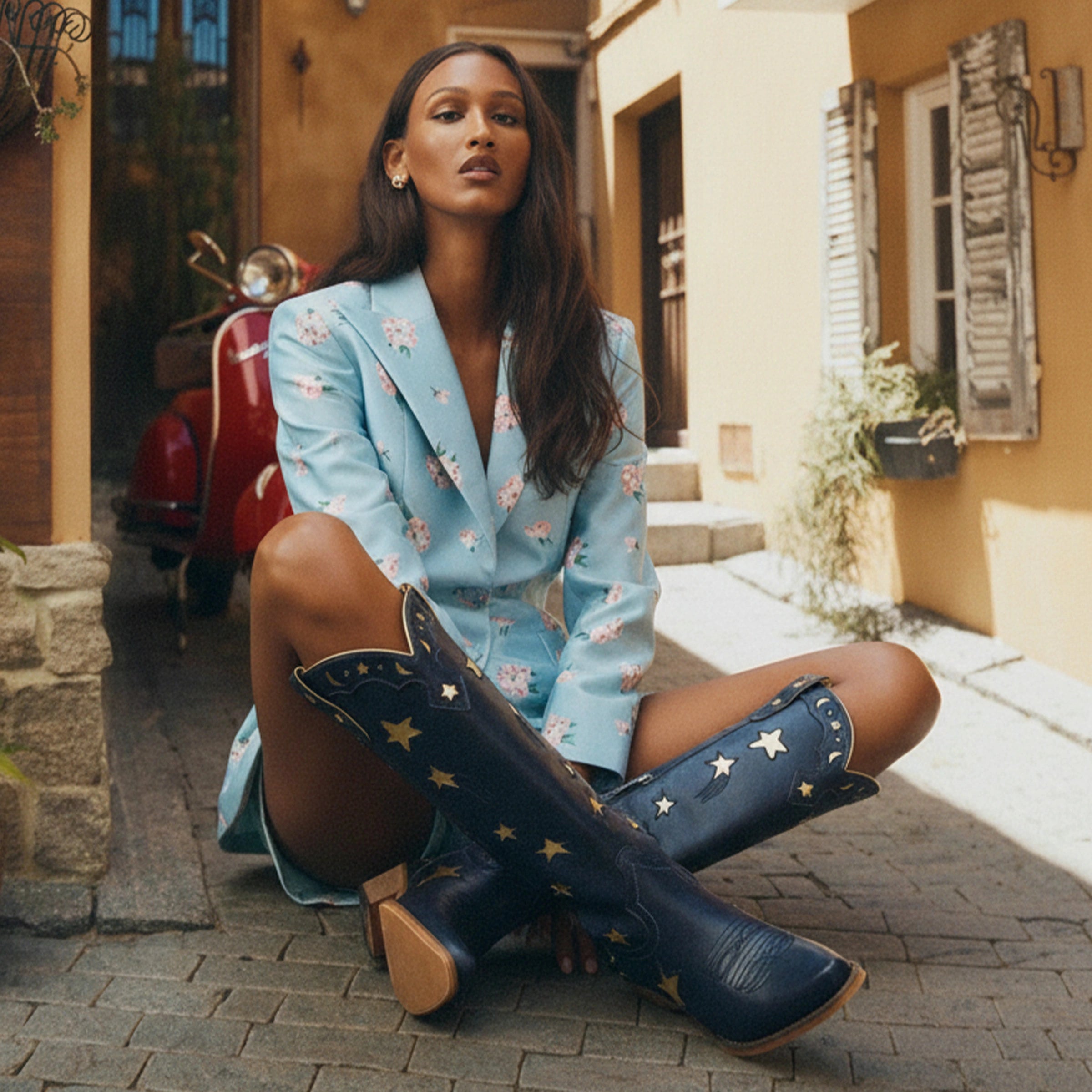 The Celestial - Midnight Blue Snip Toe Starry with Moon Cutout Tall Cowgirl Boots