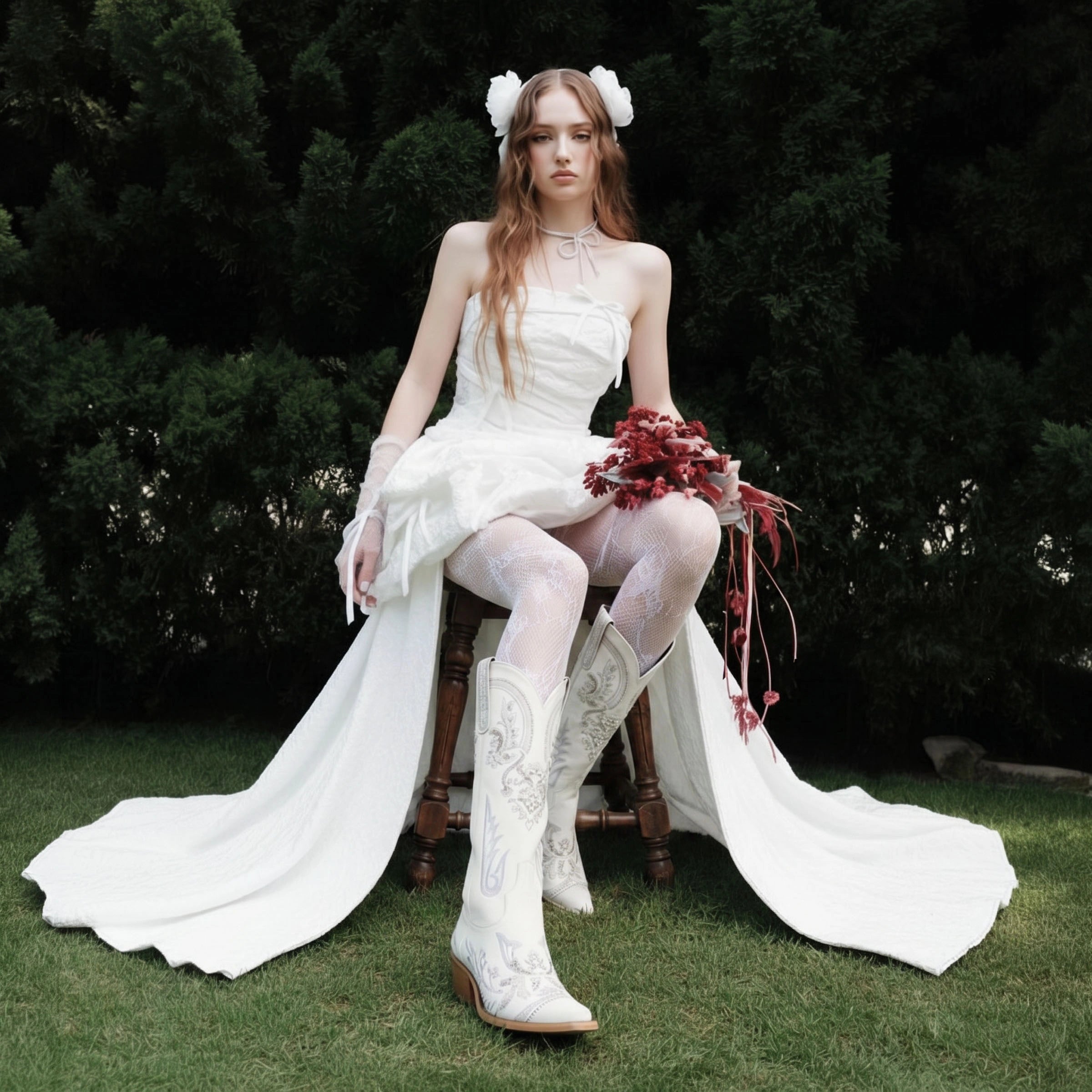 The Aurelia - Ivory Pearl Women's Cowgirl Boots with Snip Toe & Floral Embroidery