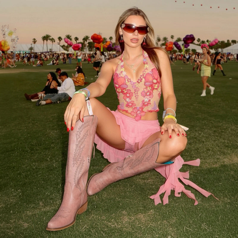The Cattle - Blush Wide Calf Embroidered Snip Toe Cowgirl Boots with Side Zipper