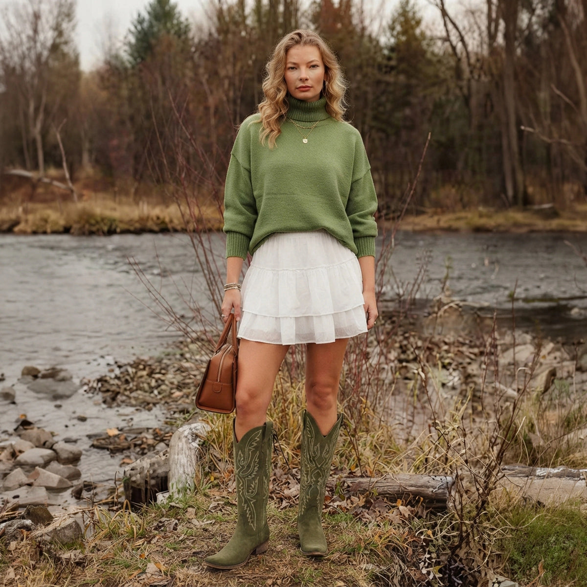 The Withersteen - Olive Suede Adjustable Wide Calf Soft Snip Toe Cowgirl Boots