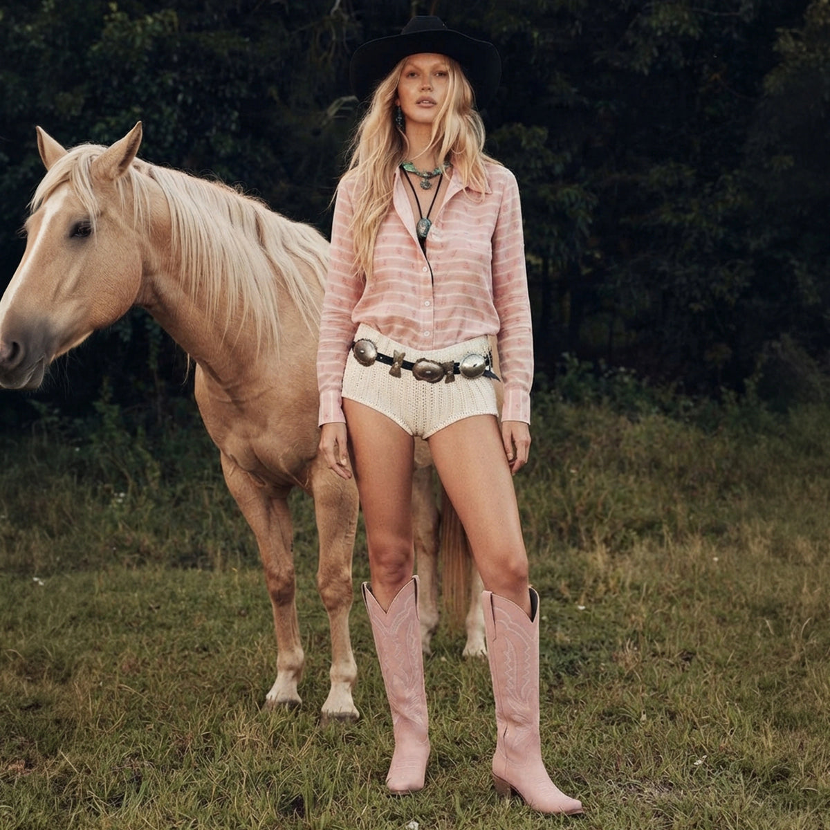 The Laurey - Blush Pink Embroidered Snip Toe Cowgirl Boots with Side Zipper