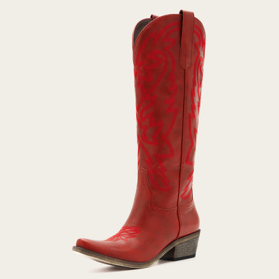 The Molly Wood - Red Snip Toe Embroidered Cute Comfortable Tall Cowgirl Boots