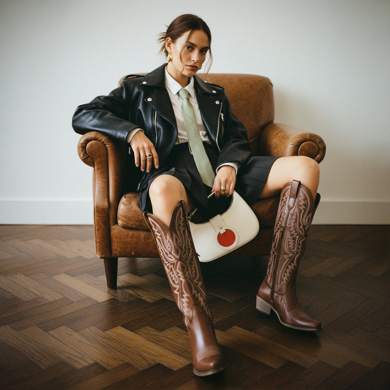 The Withersteen – Brown Tall Cowgirl Boots with Bold Embroidery and Lace-Up Back