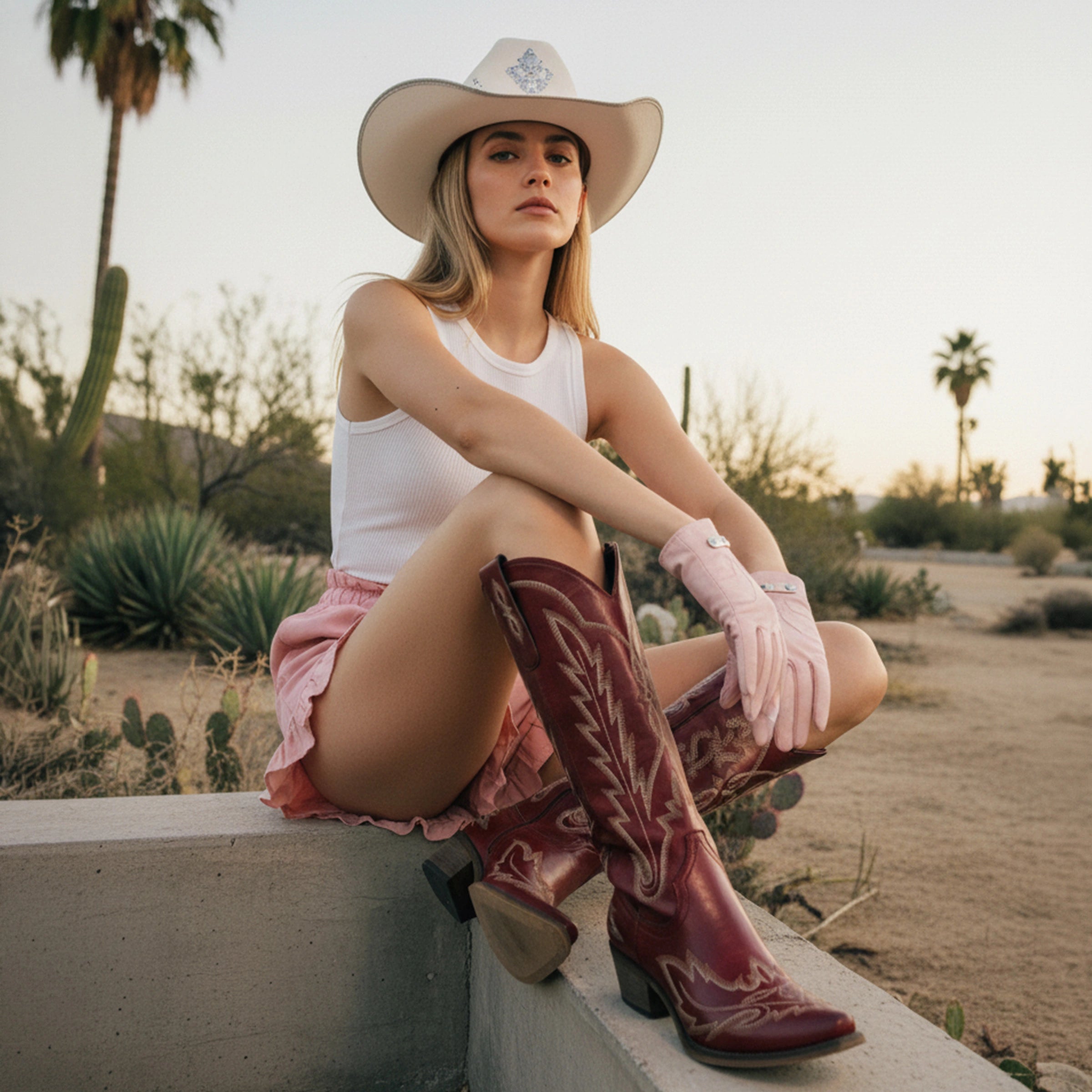The Rosemary - Crimson Leather Classic Tall Cowgirl Boots with Embroidery