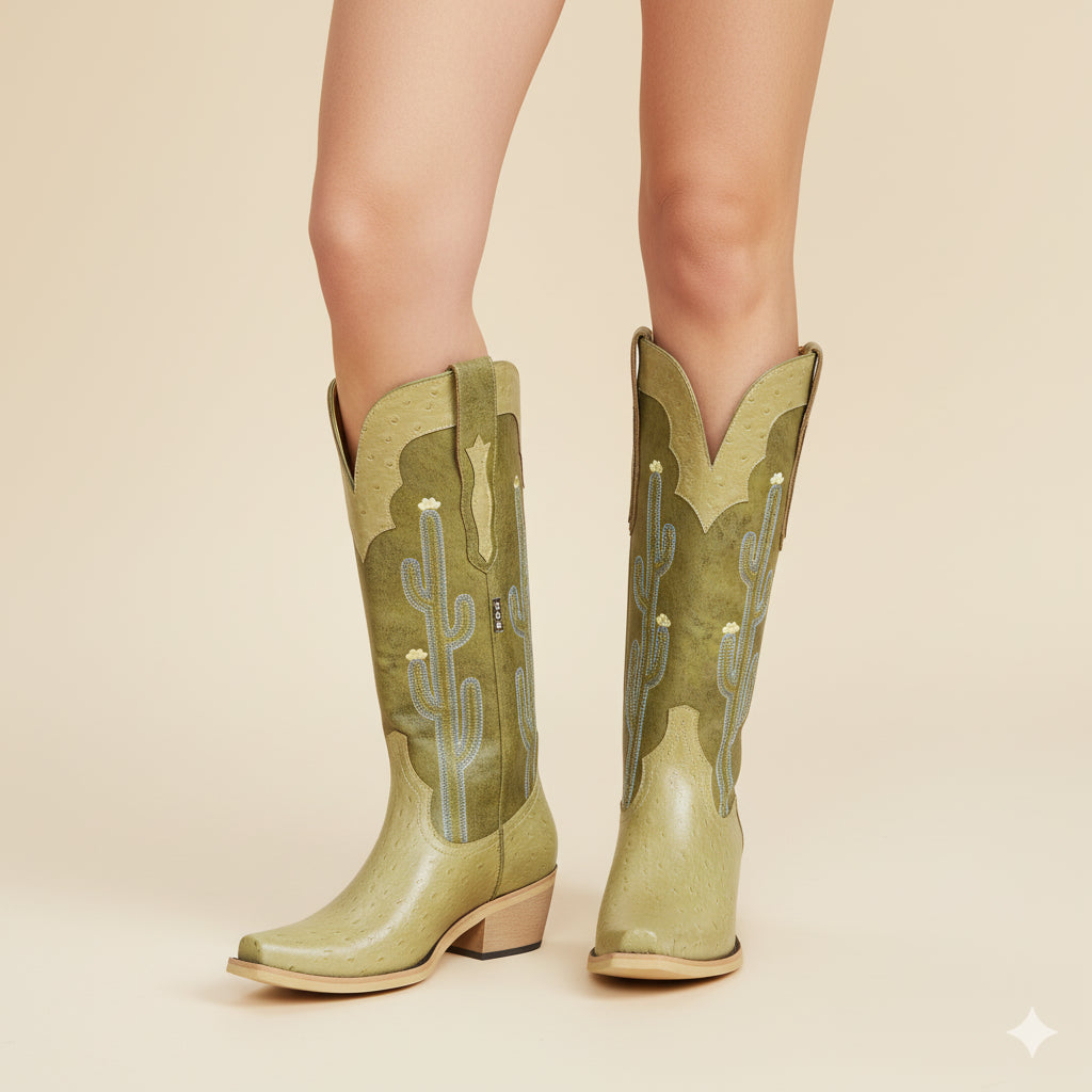 The Saguaro: Two-Tone Green Boots with Cactus Embroidery & Faux Ostrich