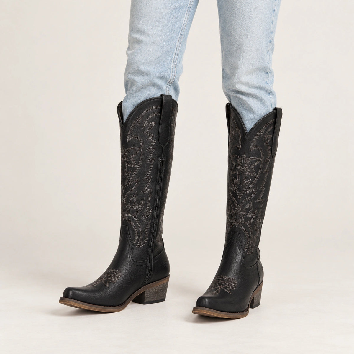 The Molly Wood - Black Starburst Embroidered Tall Western Cowgirl Boots with Side Zipper