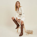 The Withersteen – Brown Tall Cowgirl Boots with Bold Embroidery and Lace-Up Back