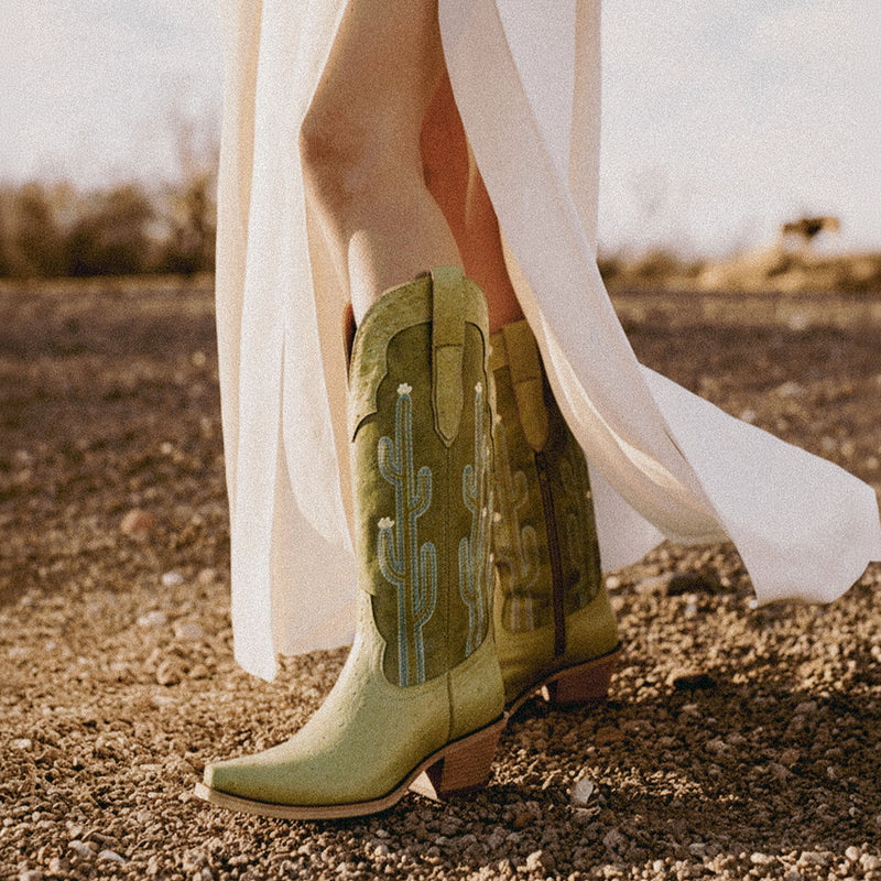 The Saguaro - Two Tone Green Boots with Cactus Embroidery & Faux Ostrich