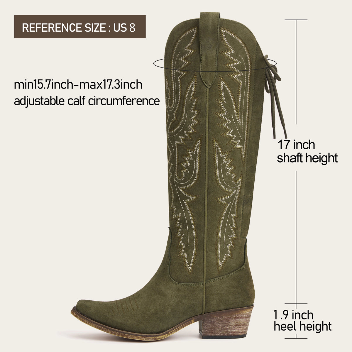 The Withersteen - Olive Suede Adjustable Wide Calf Soft Snip Toe Cowgirl Boots