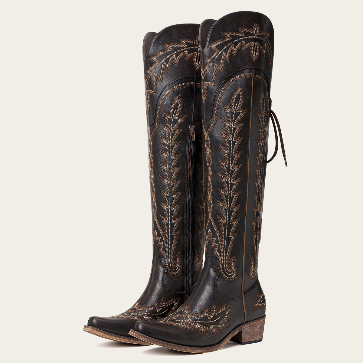 The Ross - Espresso Extra Tall Wide Calf Embroidered Soft Snip Toe Cowgirl Boots with Back Lace