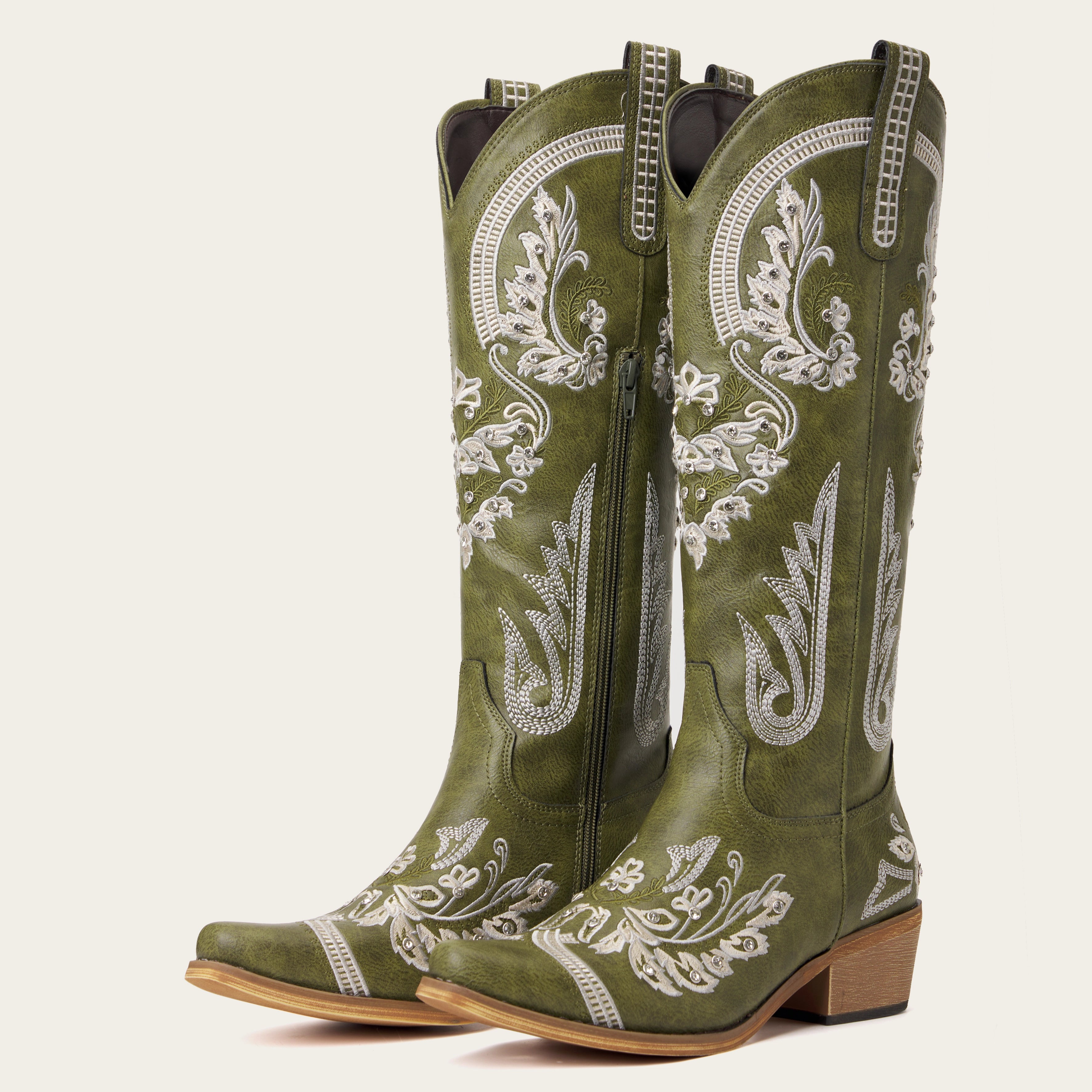 The Aurelia - Sparkle Western Boots in Olive Green Embroidered & Rhinestone