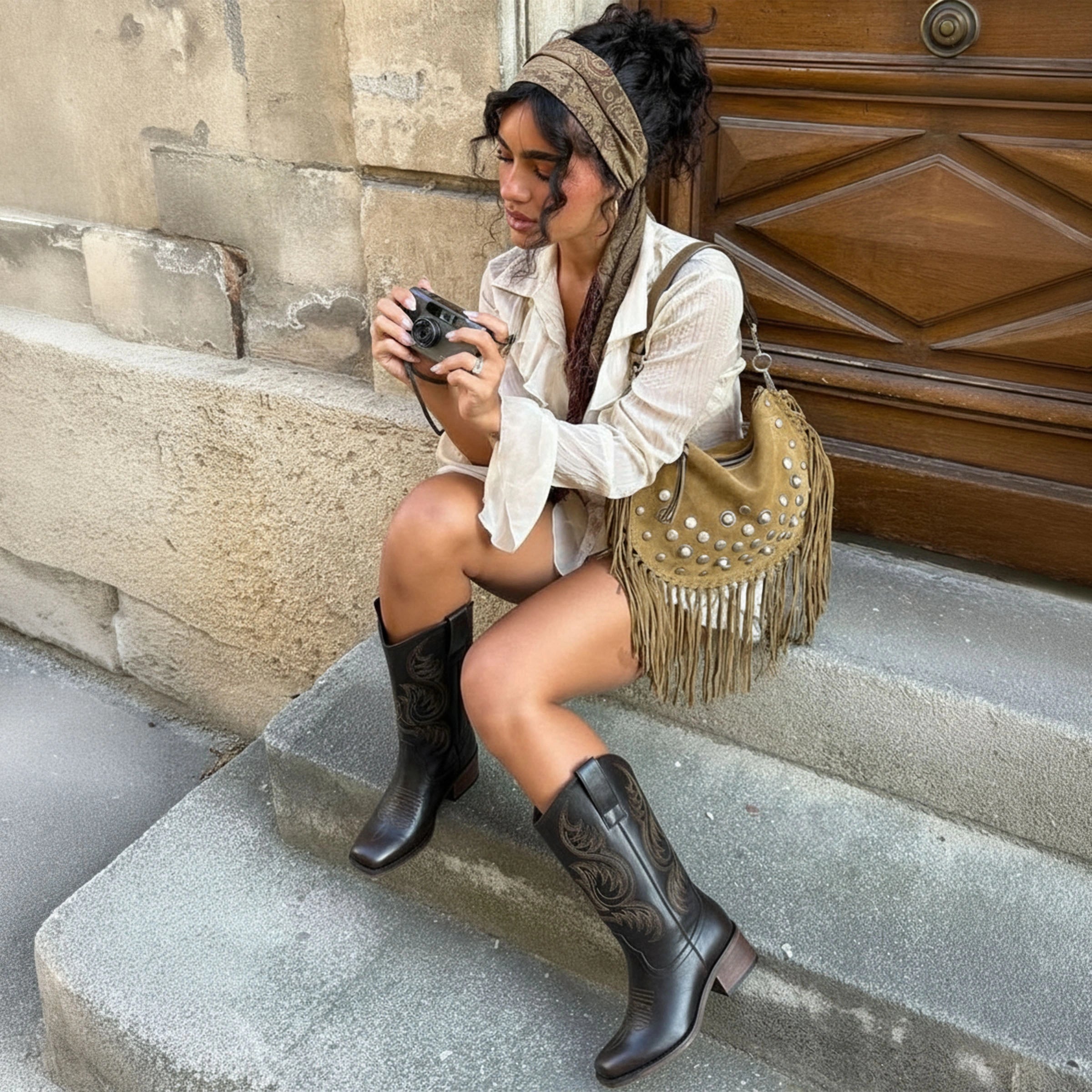 The Bronco - Black Square Toe Embroidered Mid-calf Cowgirl Boots