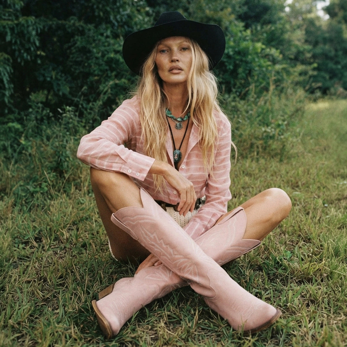 The Laurey - Blush Pink Embroidered Snip Toe Cowgirl Boots with Side Zipper