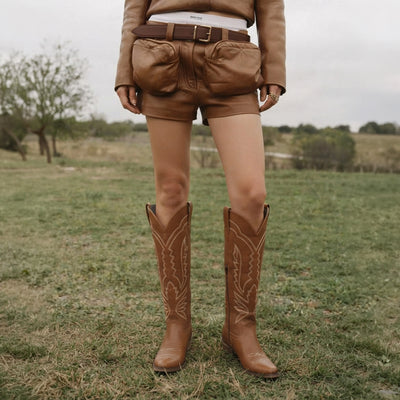 The Laurey - Brown Embroidered Snip Toe Cowgirl Boots with Side Zipper