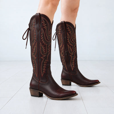 The Withersteen - Mahogany Adjustable Wide Calf Soft Snip Toe Cowgirl Boots