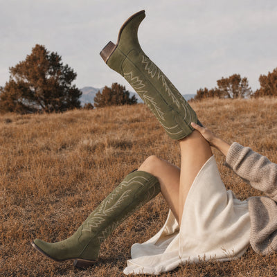 The Laurey - Olive Green Suede Embroidered Soft Snip Toe Cowgirl Boots with Side Zipper