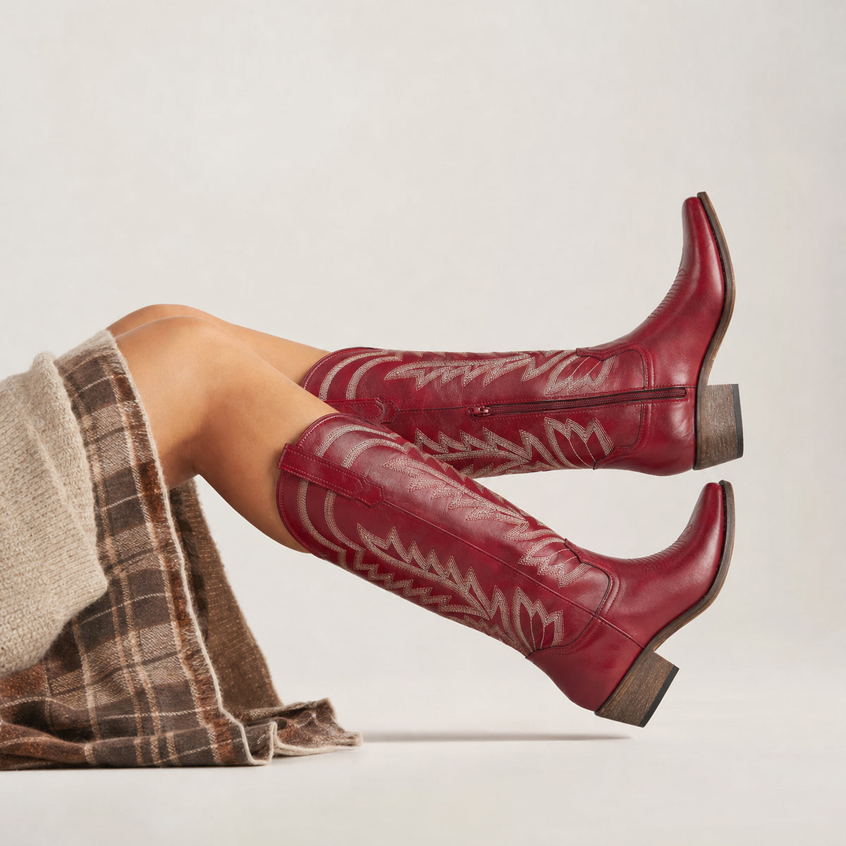 The Laurey - Burgundy Embroidered Soft Snip Toe Cowgirl Boots with Side Zipper