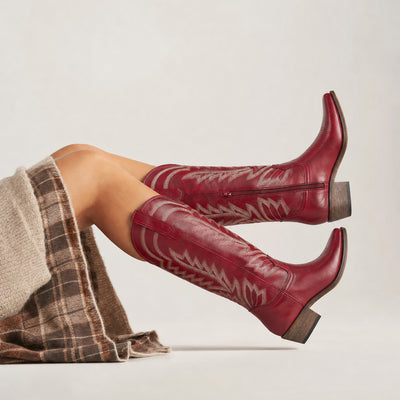 The Laurey - Burgundy Embroidered Soft Snip Toe Cowgirl Boots with Side Zipper