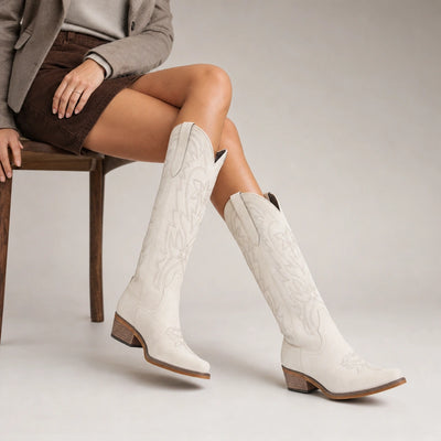 The Molly Wood - Cream Starburst Embroidered Tall Western Cowgirl Boots with Side Zipper