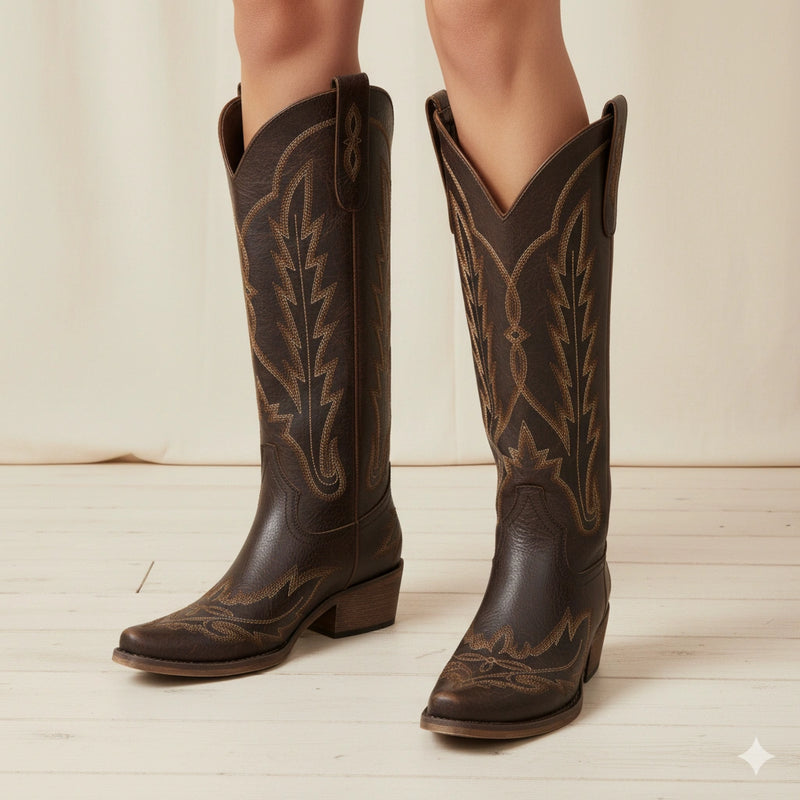 The Rosemary - Dark Brown Classic Tall Cowgirl Boots with Embroidery