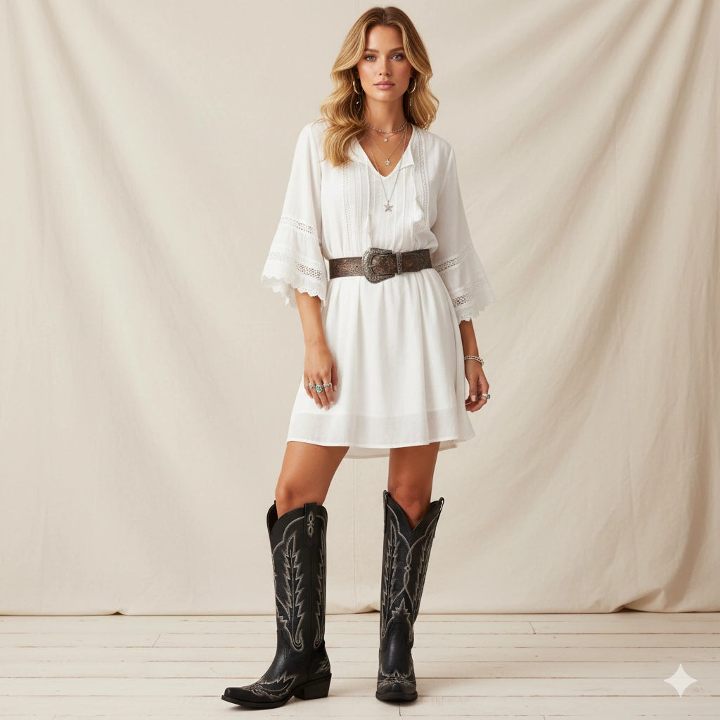 The Rosemary - Black Classic Tall Cowgirl Boots with Embroidery