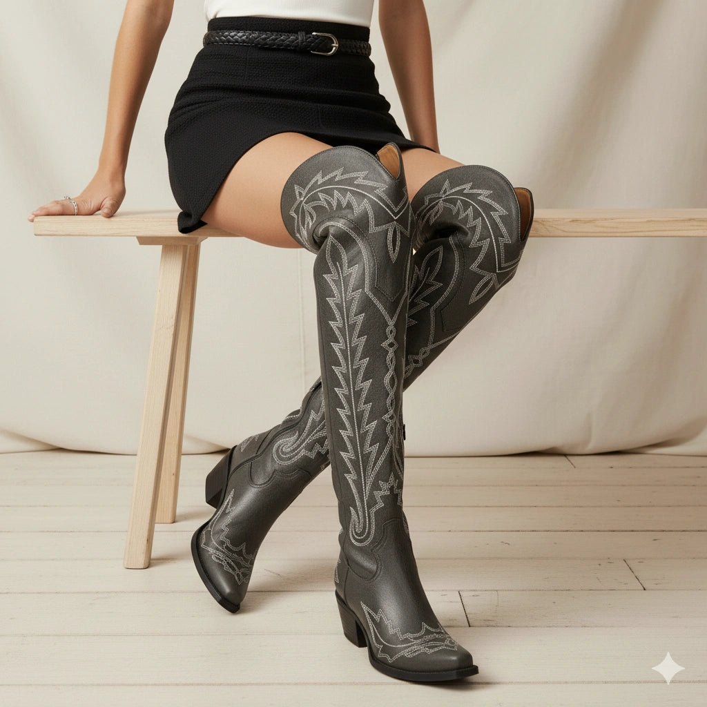 The Ross - Grey Over-the-Knee Cowgirl Boots with Back Tie & Embroidery