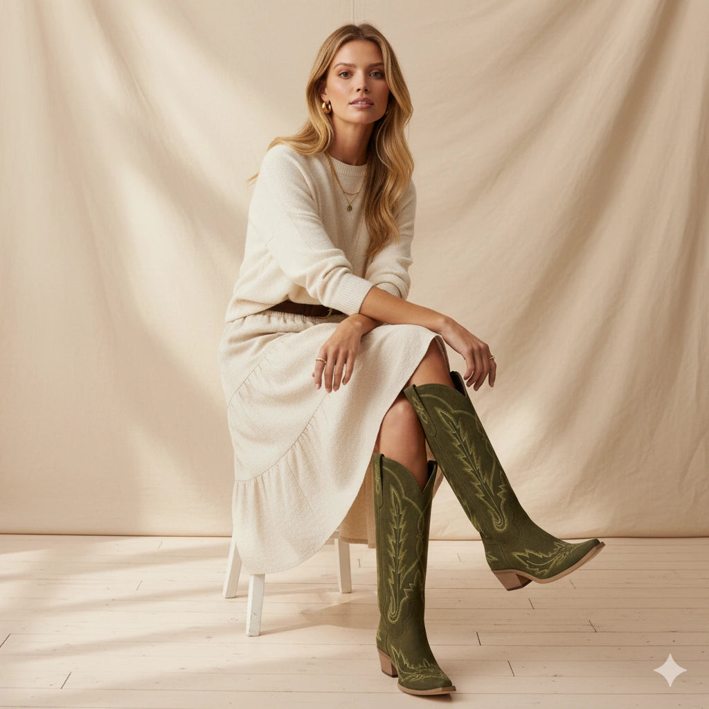 The Rosemary - Olive Suede Classic Tall Cowgirl Boots with Embroidery